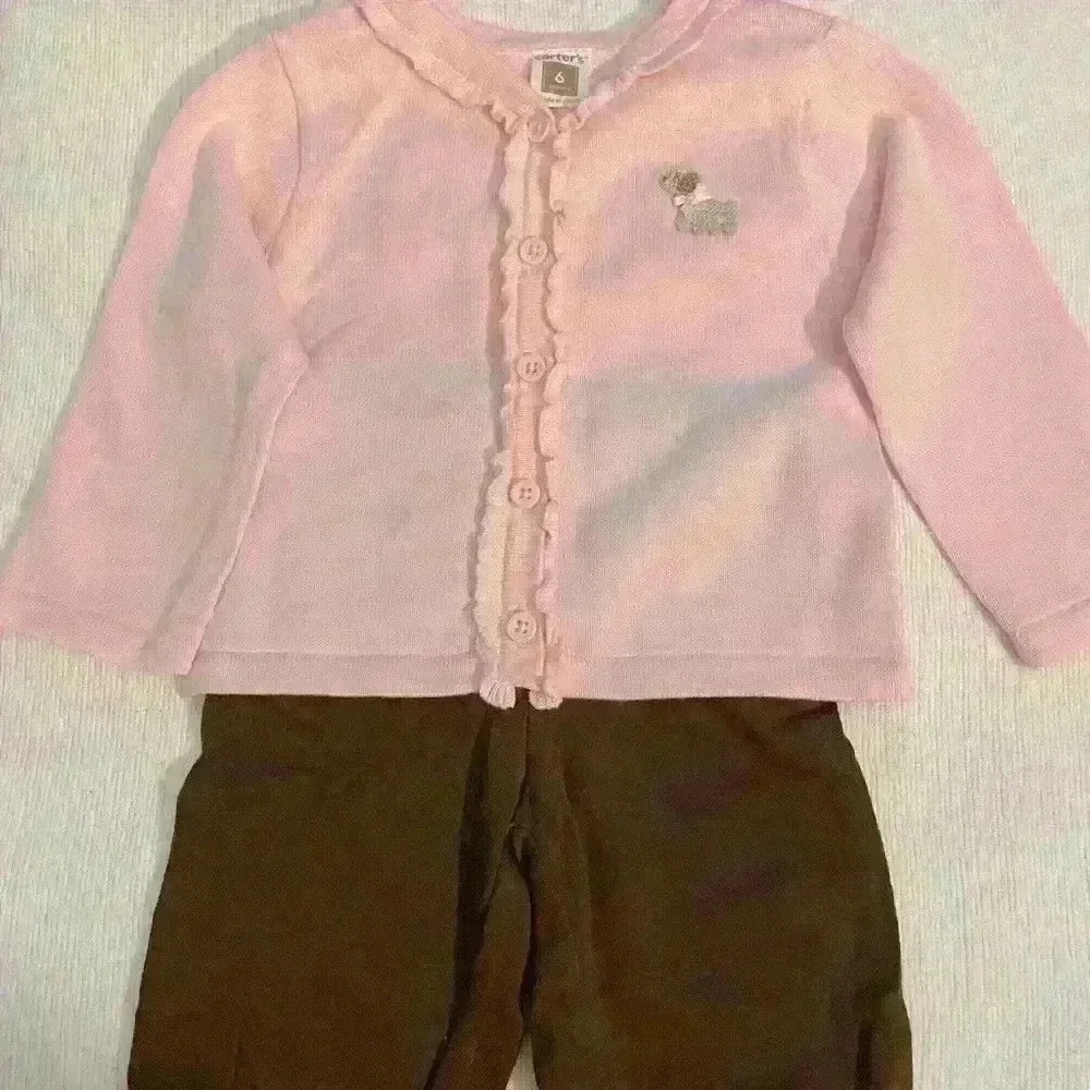 Carter's Pink Cardigan with ruffled button front, w/ Brown pants , 6 months - Picture 1 of 10